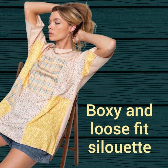 EASEL “Statement Tee” 100% Cotton Mix Print Patchwork Half Sleeves Exposed Seams - Picture 3 of 11